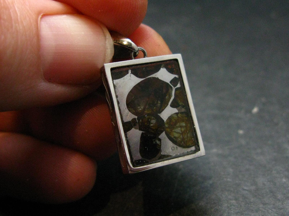 Brahin Meteorite Slice With Olivine Pallasite Pendant from Belarus - 1.1" - 2.95 Grams