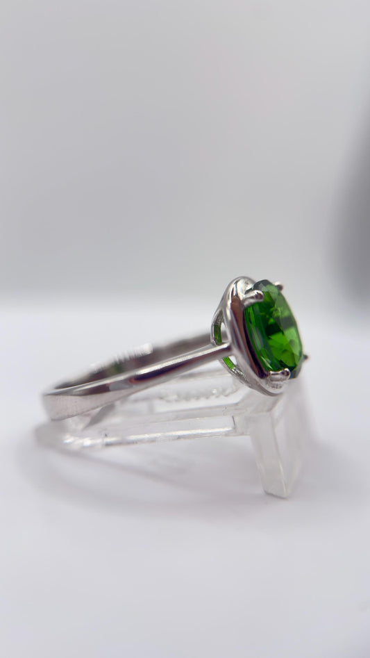 Green Helenite Oval Ring – Sterling Silver Faceted Gemstone Statement Ring