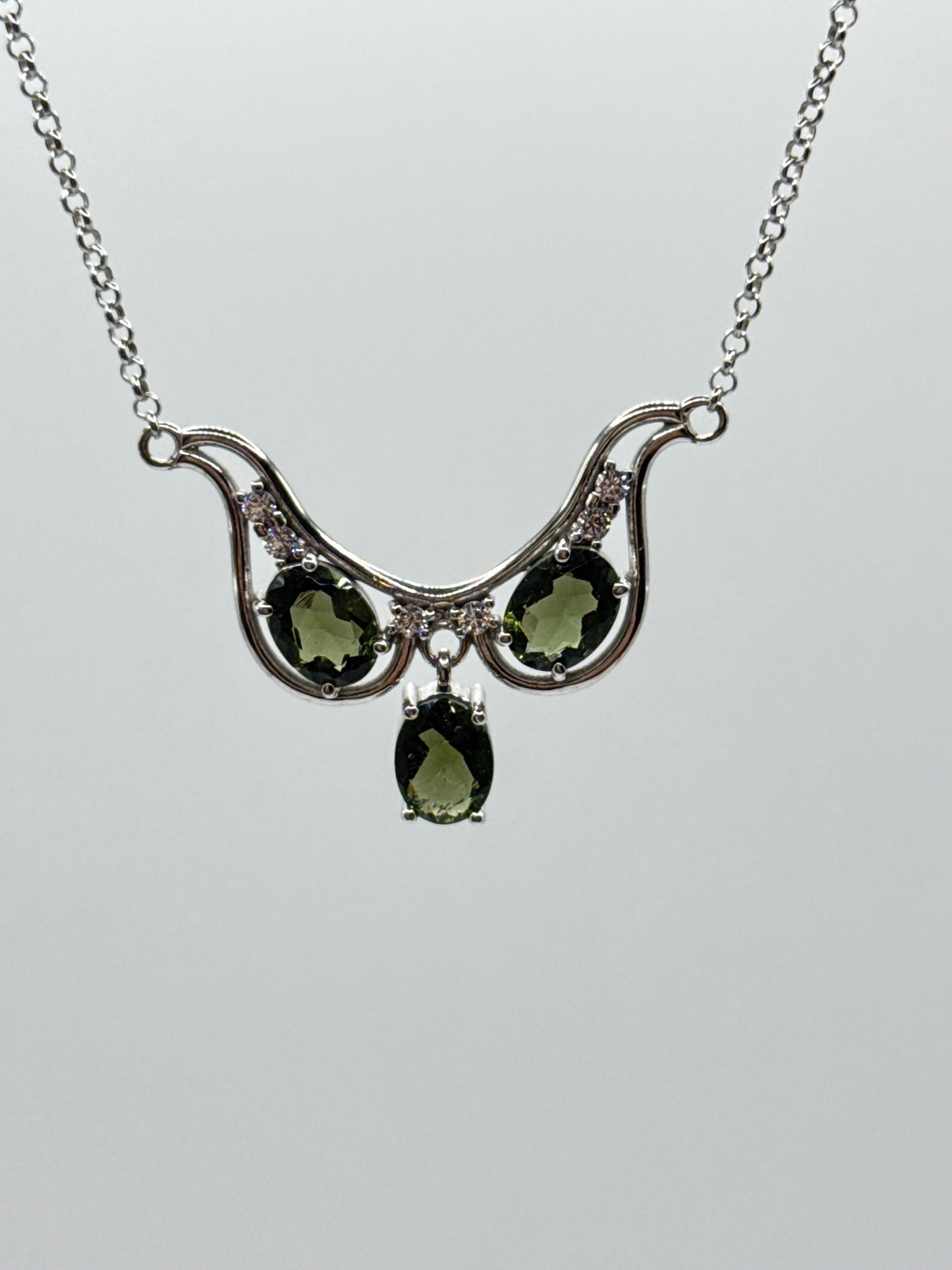 Sterling Silver Moldavite Necklace – Triple Oval-Cut Gemstones - 6.28 Grams