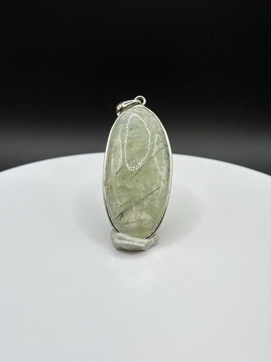 Prehnite Oval Pendant | Tourmaline Inclusions | Sterling Silver Jewelry