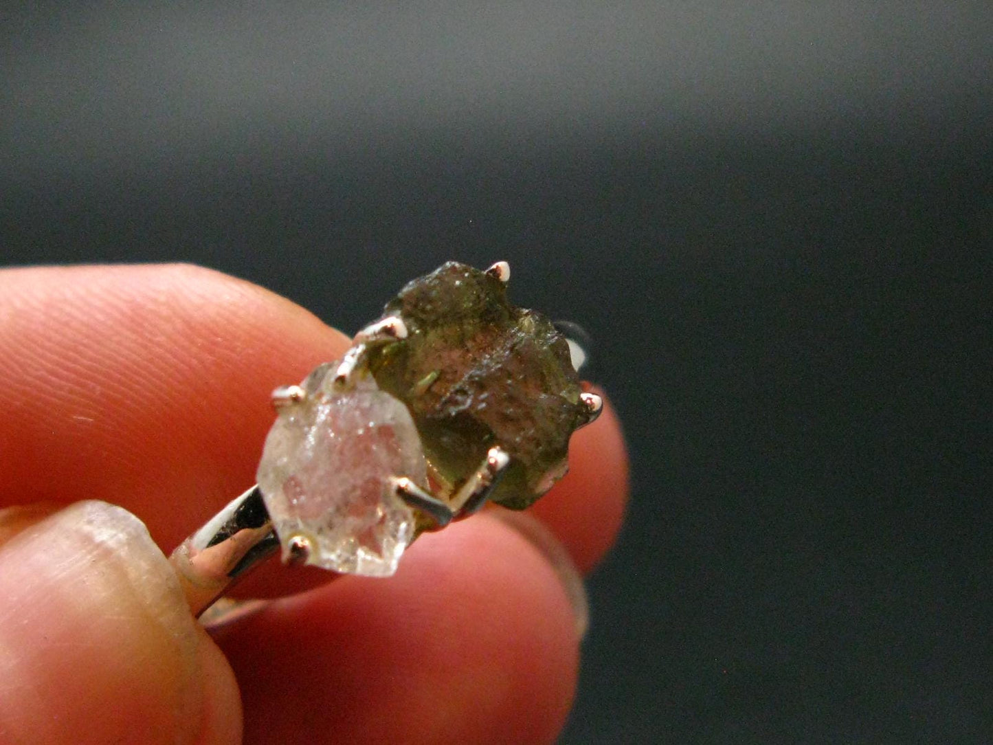 Moldavite Tektite and Herkimer Diamond Silver Ring - Size 9 - 2.71 Grams