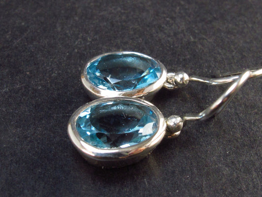 Faceted Natural Sky Blue Topaz Dangle 925 Silver Earrings from Brazil - 1.2" - 4.9 Grams