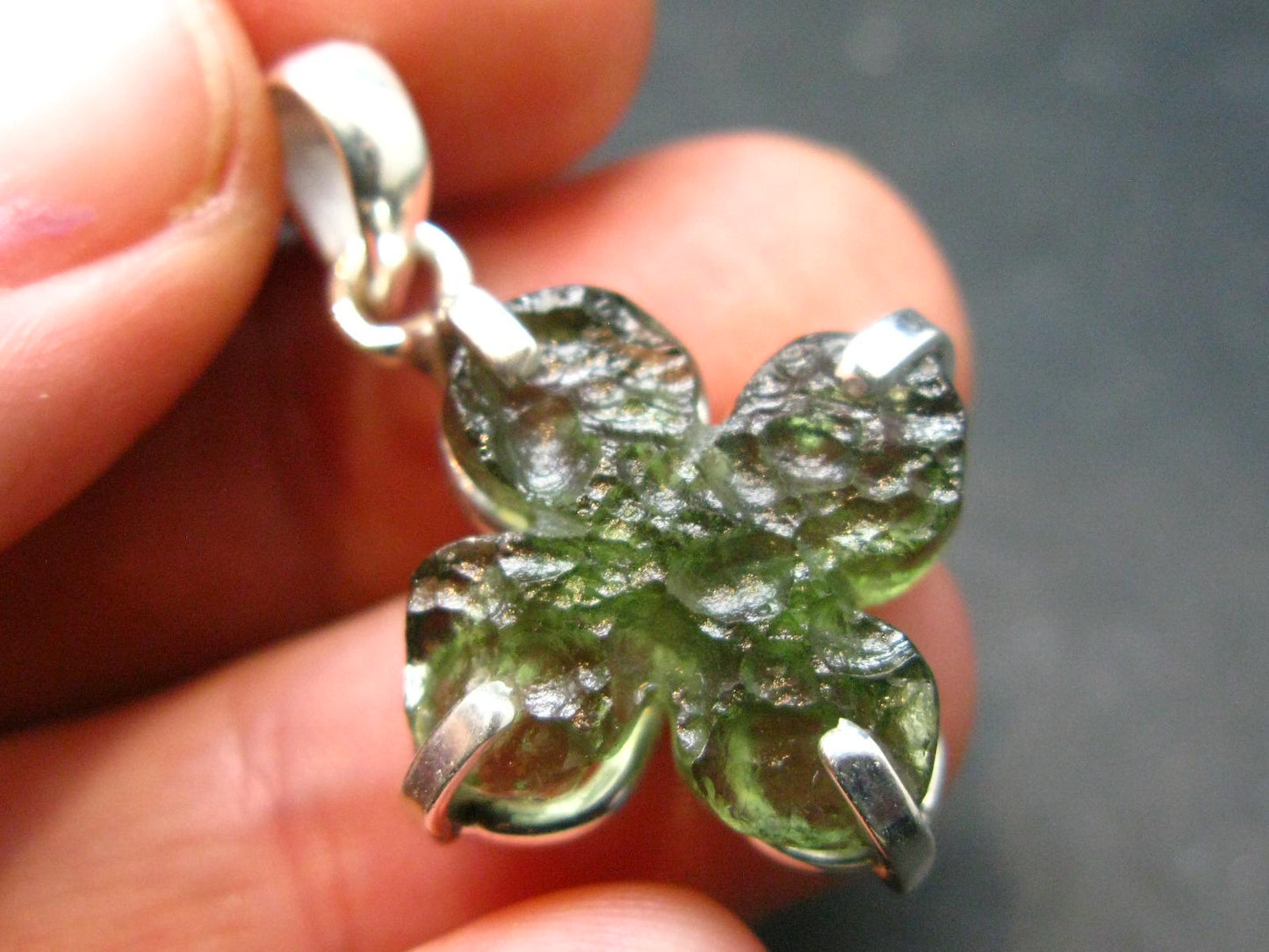 Gem Moldavite Tektite SS Pendant Four Leaf Clover From Czech Republic - 1.2" - 3.71 Grams