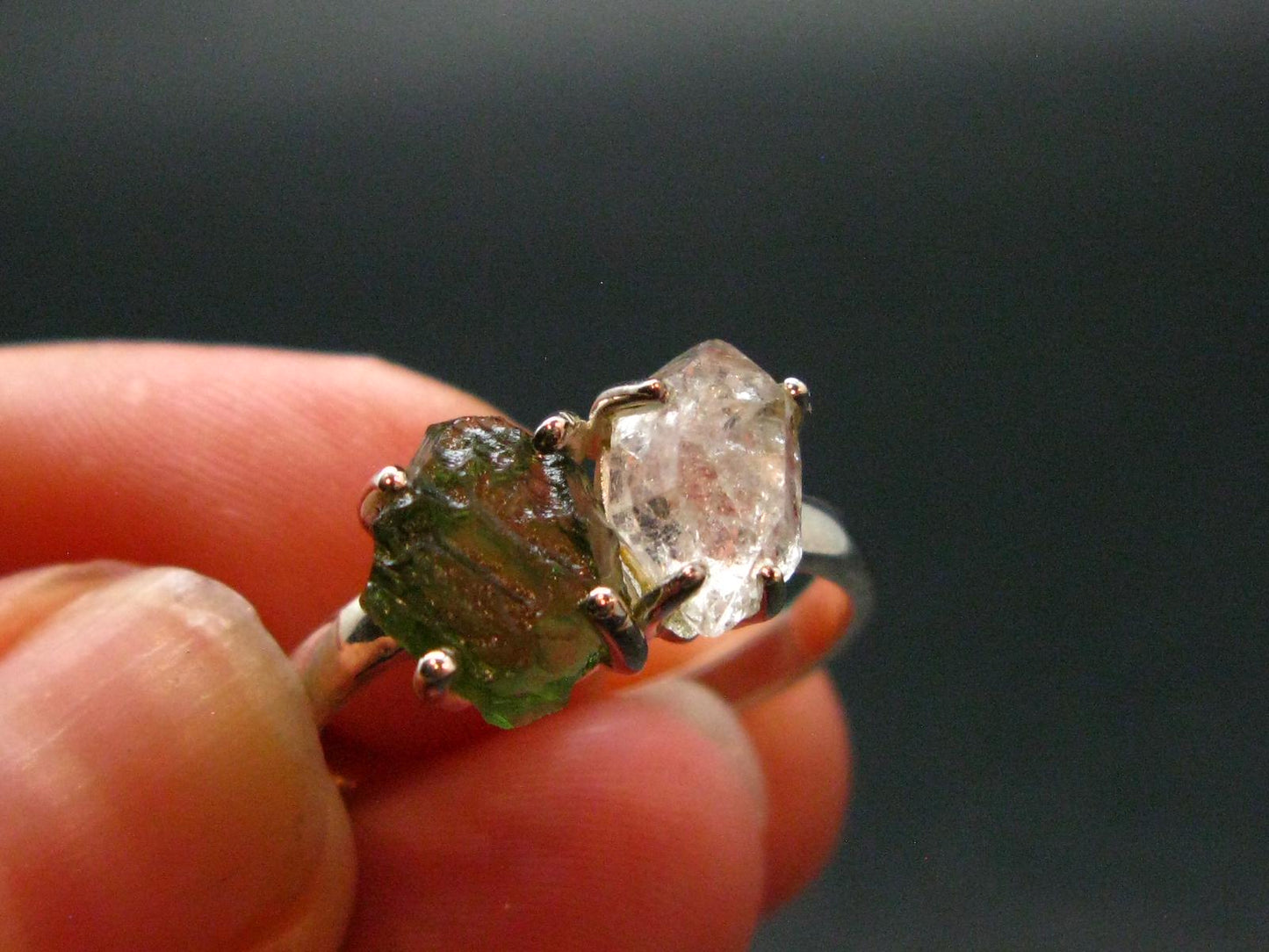 Moldavite Tektite and Herkimer Diamond Silver Ring - Size 8 - 2.60 Grams
