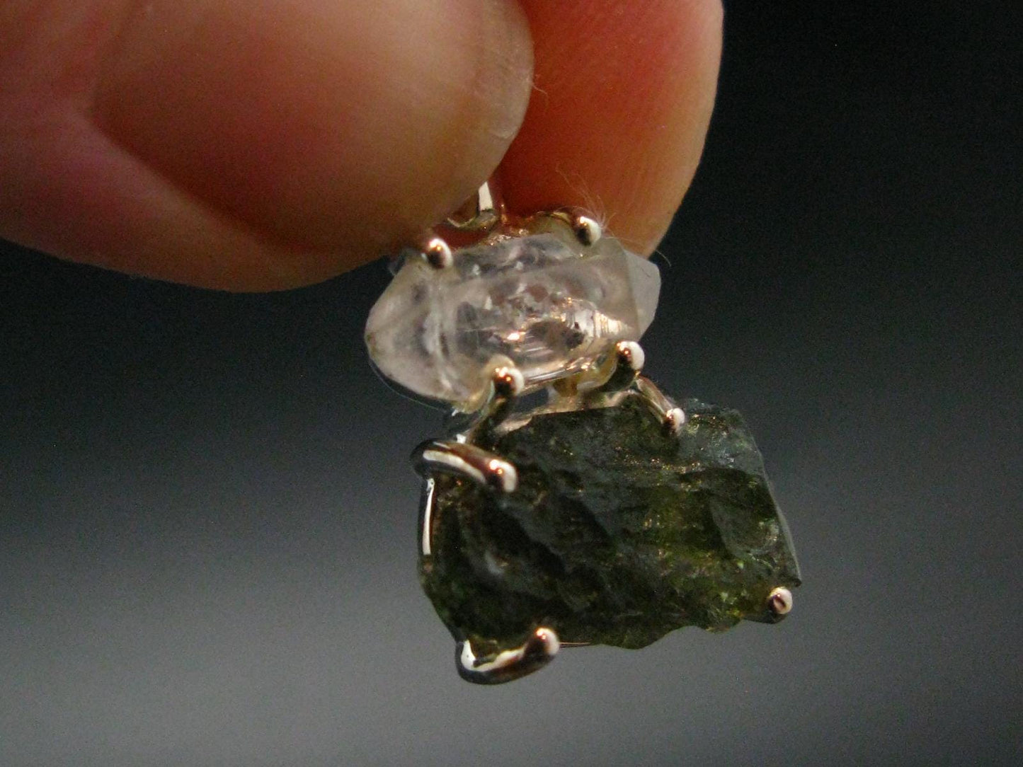 Moldavite & Herkimer Diamond Silver Pendant - 0.9" - 2.11 Grams