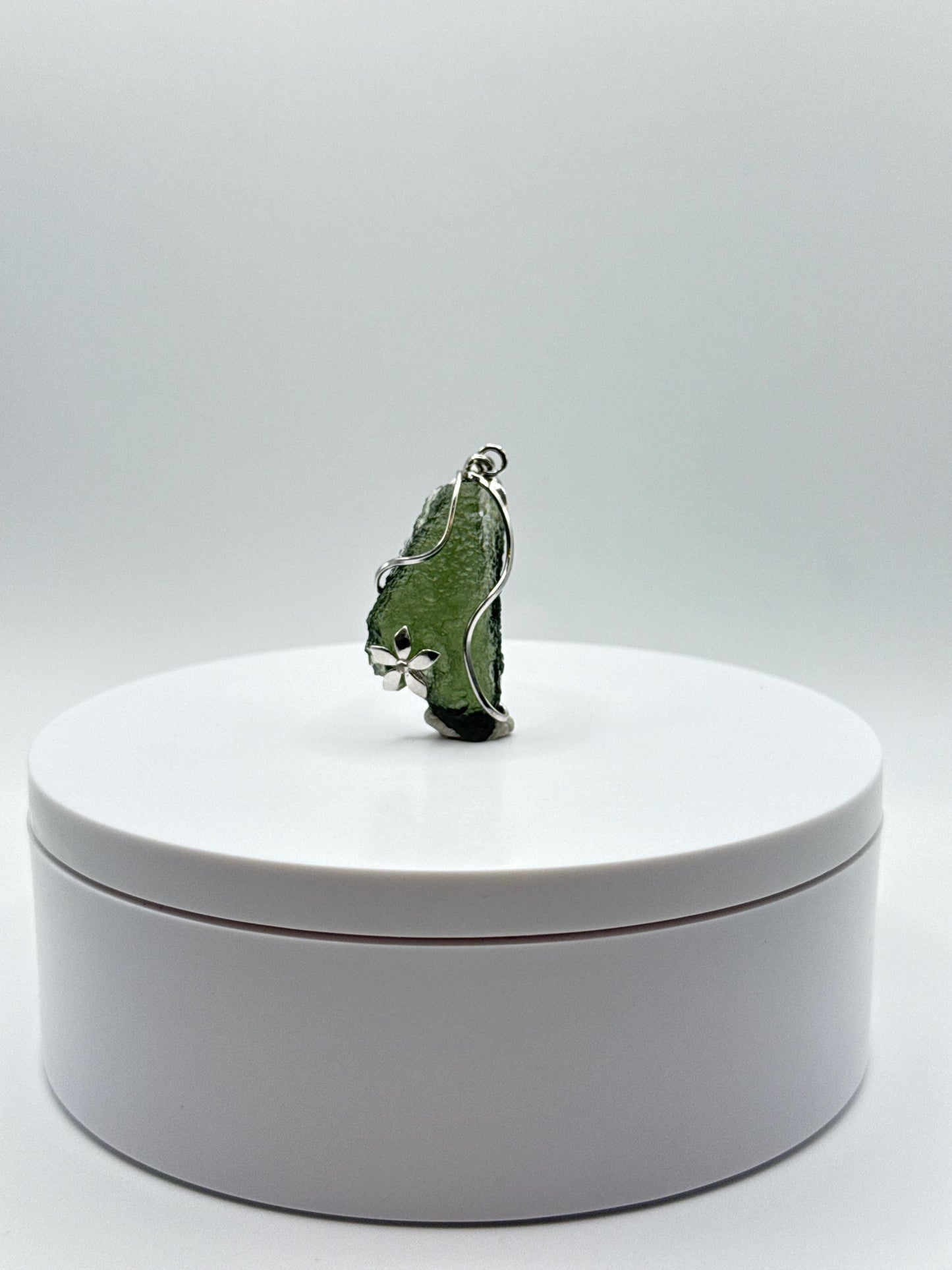 Raw Moldavite Sterling Silver Pendant – Floral Accent - 6.72 Grams