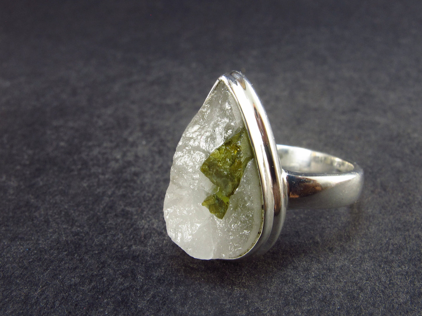 Green Tourmaline In Quartz Silver Ring From Brazil - 5.52 Grams - Size 8
