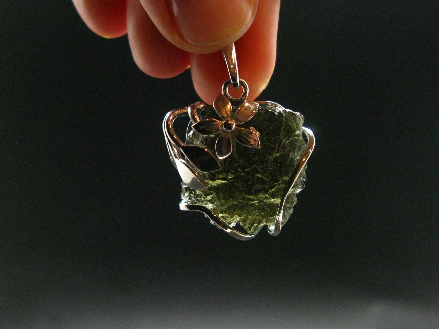 Large Gem Moldavite Tektite SS Pendant From Czech Republic - 6.44 Grams - 1.3"
