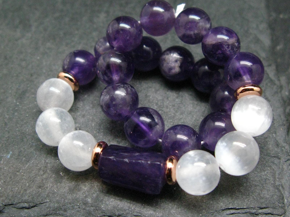 Amethyst & Selenite Genuine Bracelet ~ 7 Inches ~ 8mm Round Beads