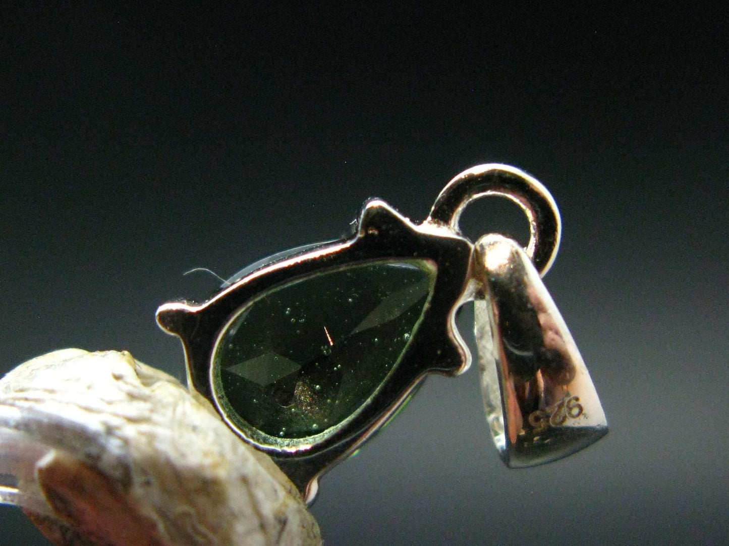 Moldavite Tektite Facetted Silver Pendant from Czech Republic - 0.7" - 1.06 Grams