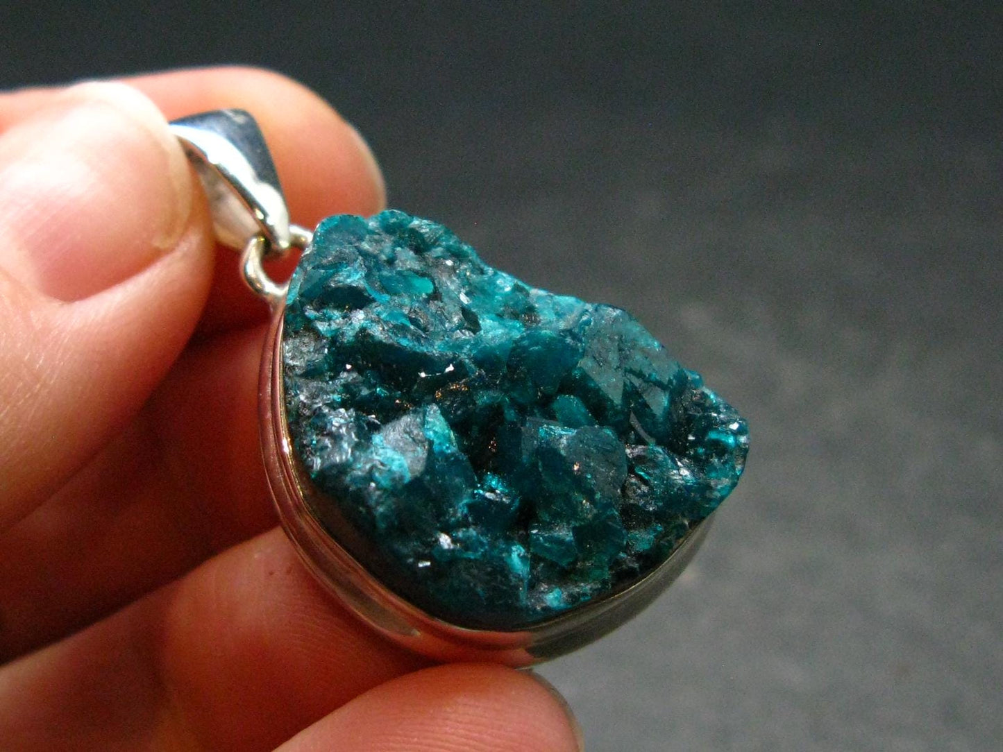 Dioptase Crystal Silver Pendant from Congo - 8.22 Grams - 1.4"