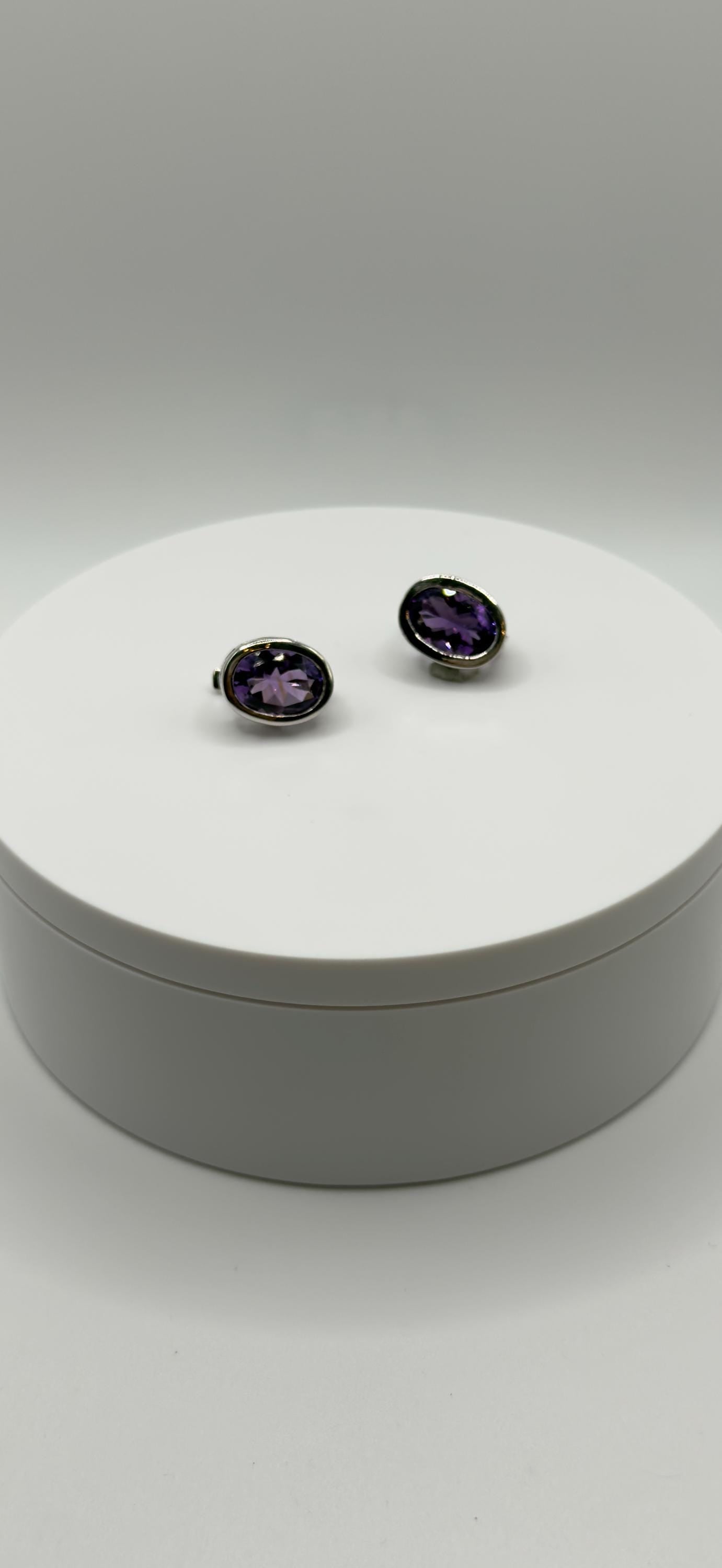 Classic Amethyst Stud Earrings – Sterling Silver – Oval Cut Gemstones - Weight 7.13