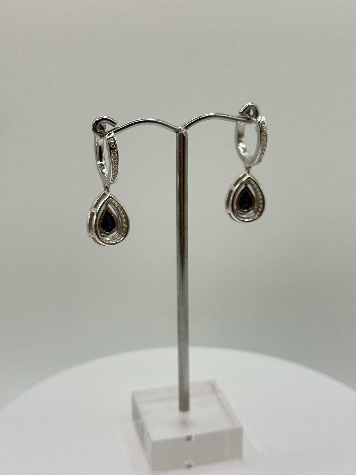 Pear Sapphire Dangle Earrings | Blue Sapphire Halo Earrings | Sterling Silver Drop Earrings | September Birthstone - Weight 5.42 g