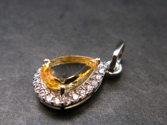 Yellow Citrine Gem Facetted Sterling Silver Pendant From Brazil With CZ - 0.7" - 1.10 Grams