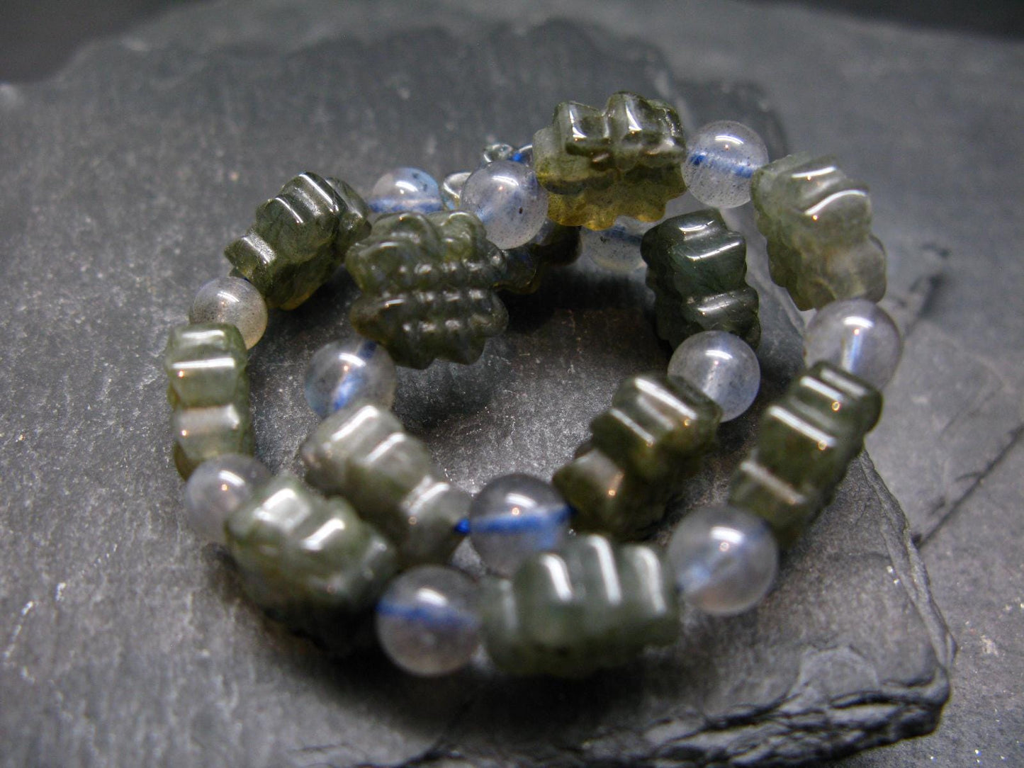 Labradorite Genuine Bracelet ~ 7.5 Inches ~ Carving Beads