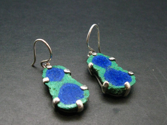Natural Raw Deep Blue Azurite with Green Malachite Earrings In Sterling Silver From Mexico - 1.7"