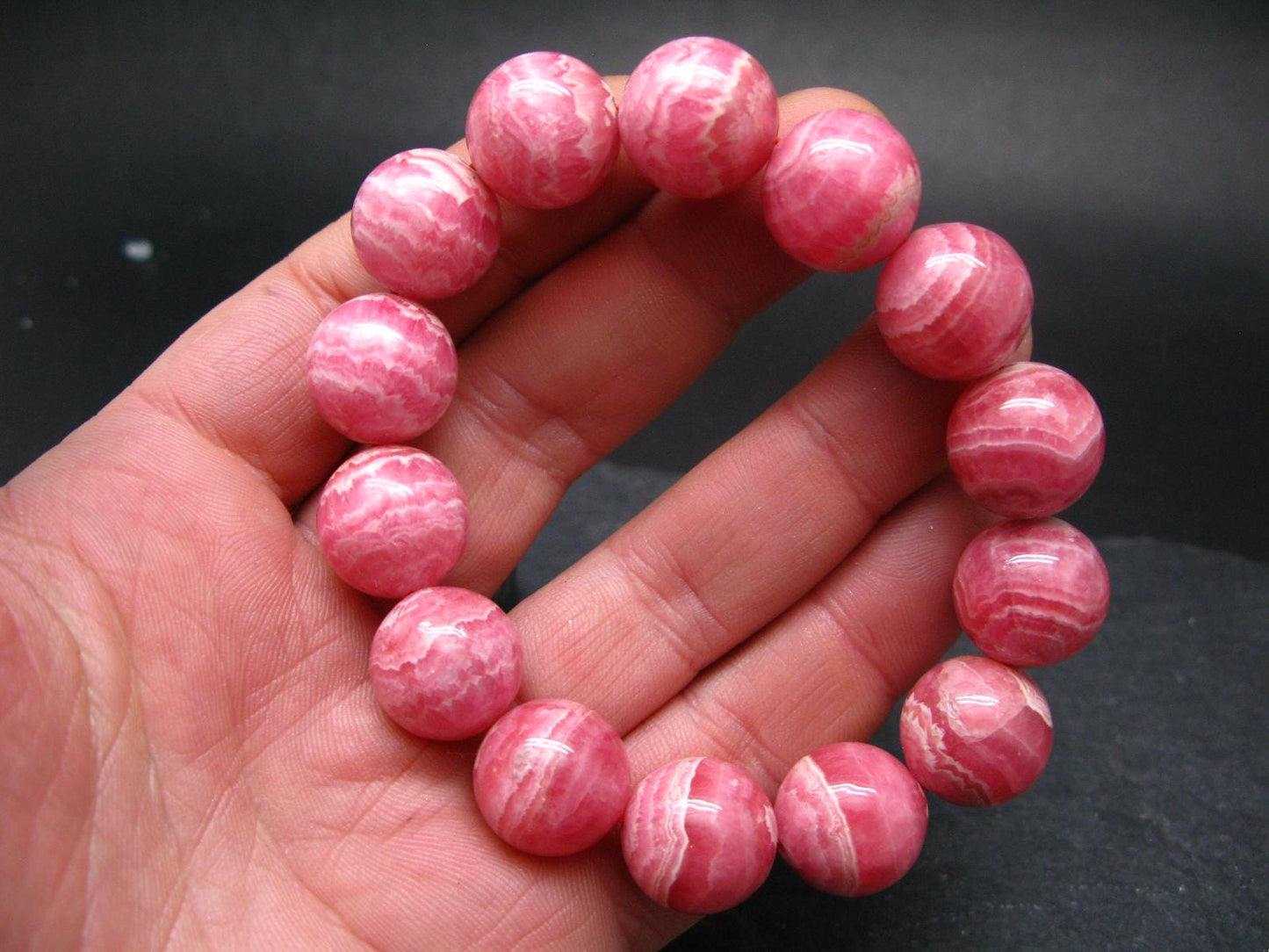 Rhodochrosite Genuine Bracelet ~ 7.5 Inches ~ 16mm Round Beads