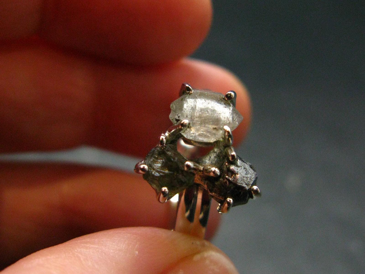 Moldavite Herkimer Meteorite Sterling Silver Ring From Czech Republic - Size 8 - 4.33 Grams