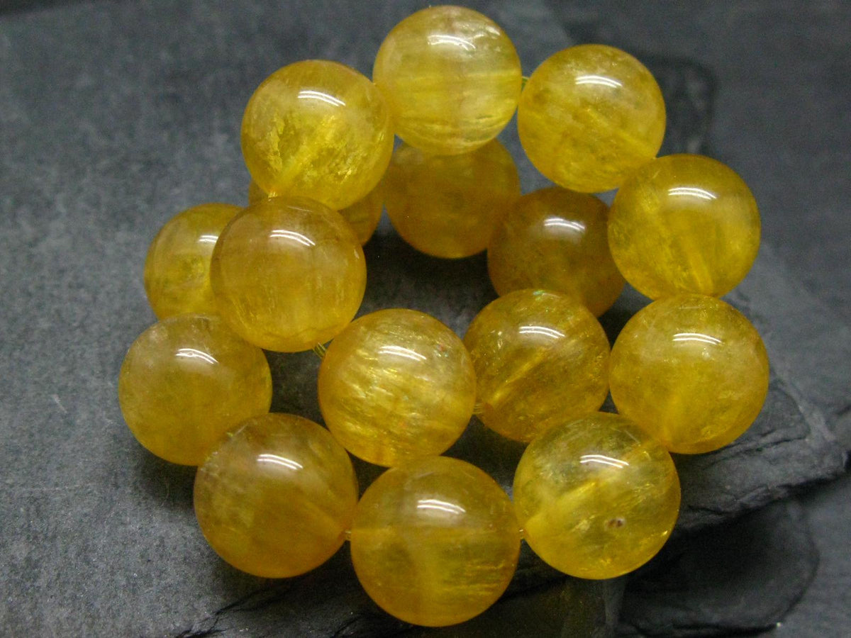 Yellow Fluorite Genuine Bracelet ~ 7.5 Inches ~ 14mm Round Beads
