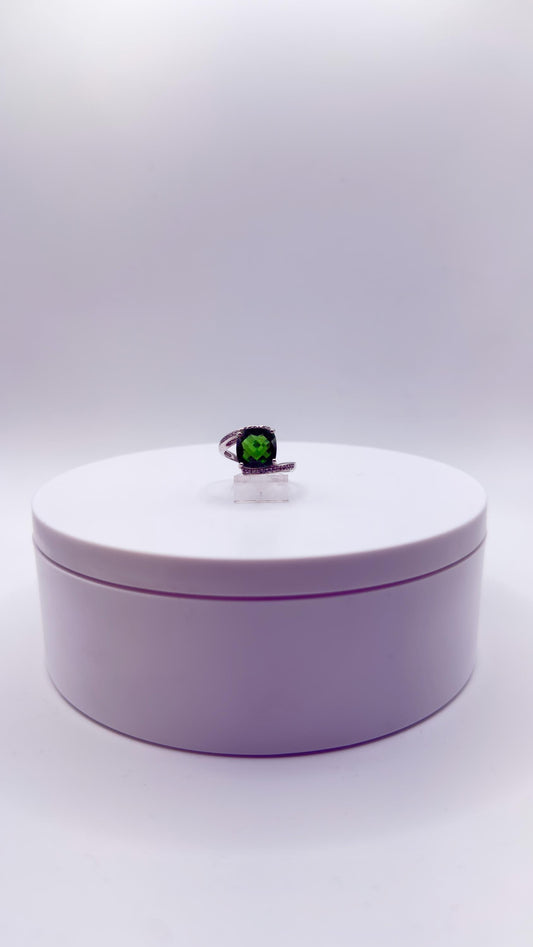 Green Helenite Cushion Cut Ring – Sterling Silver Halo Gemstone Statement Ring