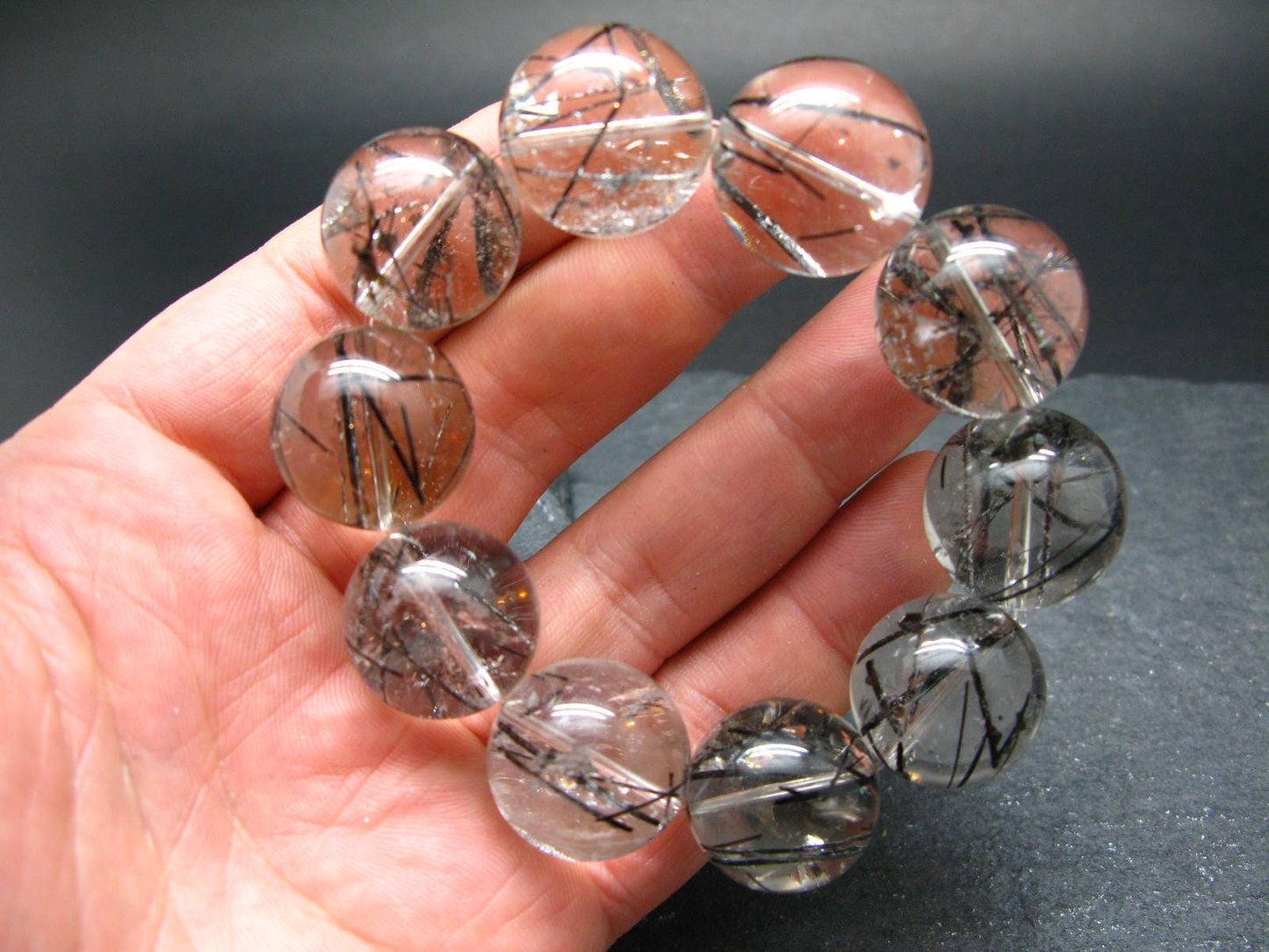 Tourmalinated Quartz w/ Black Tourmaline Genuine Bracelet ~ 7 Inches ~ 20mm Round Beads