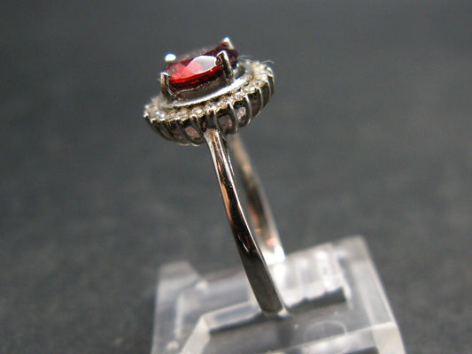 Natural Faceted Red Garnet Rhodium Plated Sterling Silver Ring with CZ - Size 7