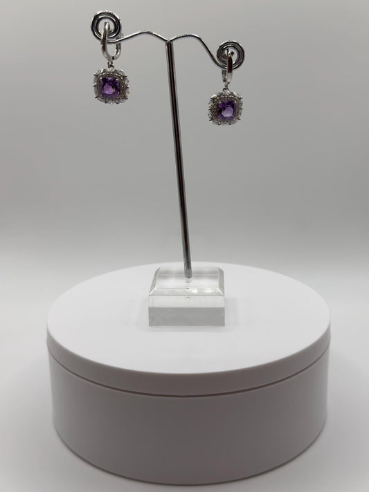 Square Amethyst Drop Earrings with Halo – Elegant Purple Crystal Dangles in Sterling Silver - Weight 5.83 Grams