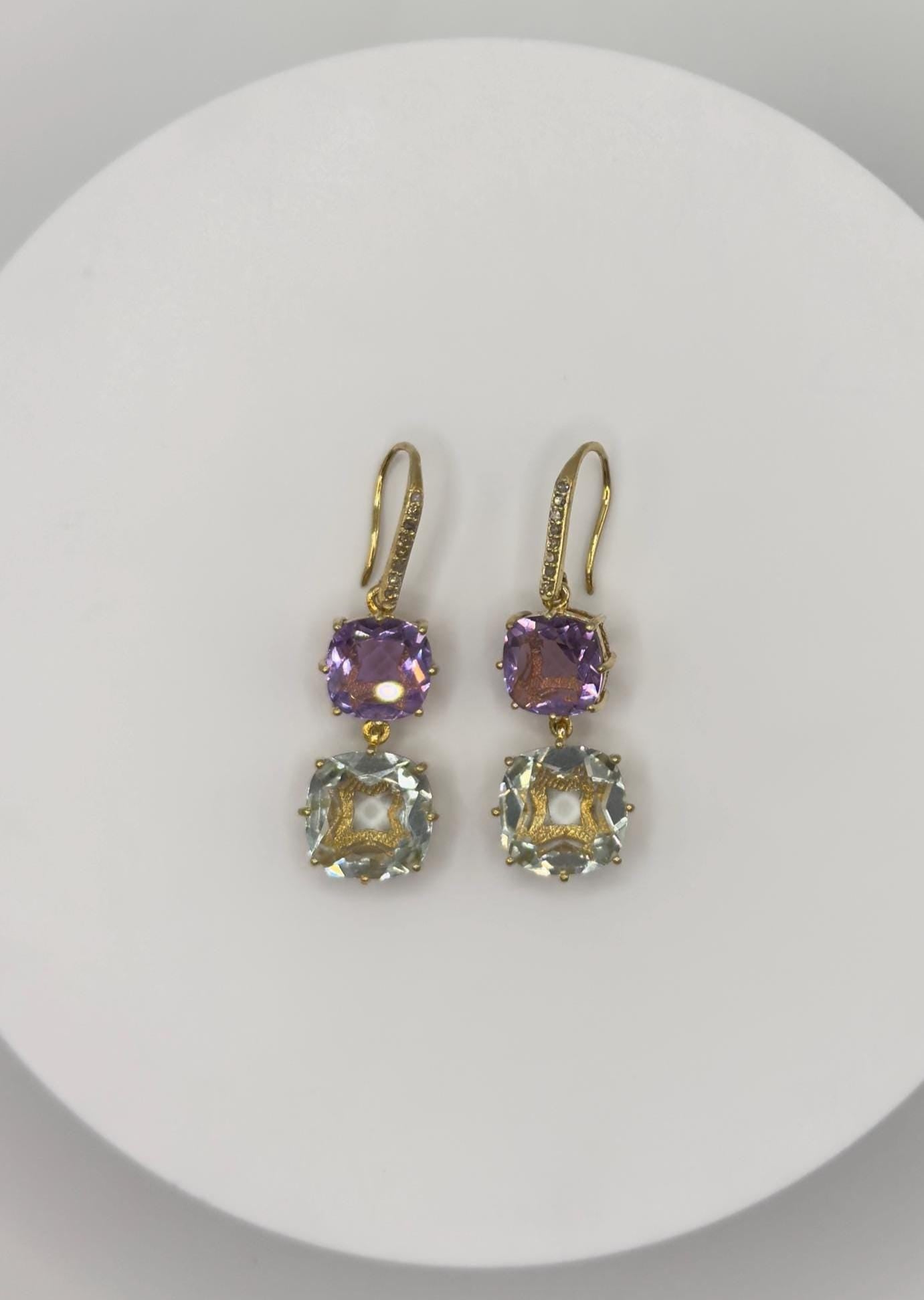 Amethyst & Green Amethyst/ Prasiolite Earrings – Double Gem Drop in Gold Plated Design - Weight 8.79 Grams