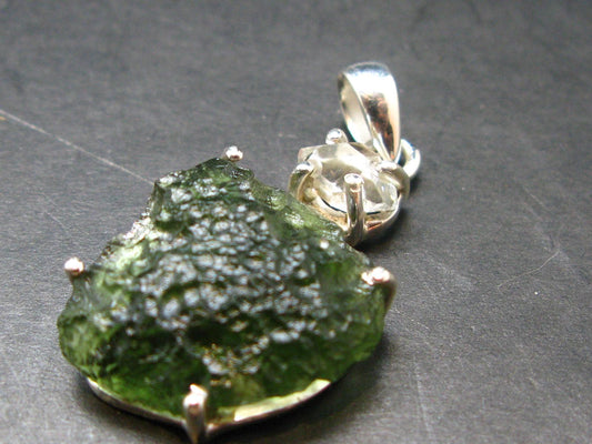 Moldavite & Herkimer Diamond Silver Pendant - 1.5" - 5.8 Grams