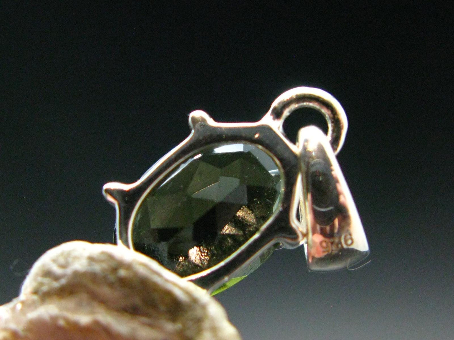 Moldavite Tektite Facetted Silver Pendant from Czech Republic - 0.7" - 1.06 Grams