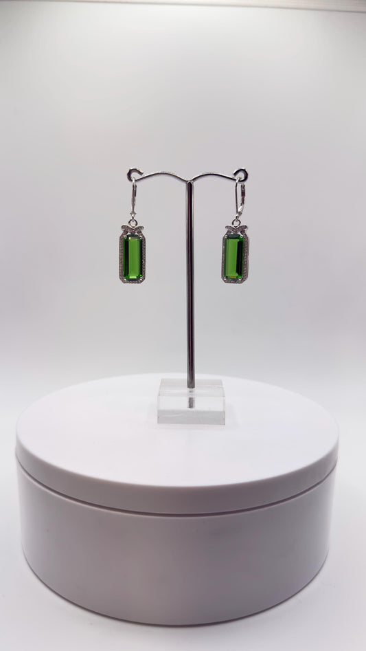 Green Helenite Emerald Cut Earrings – Halo Sterling Silver Dangle Earrings