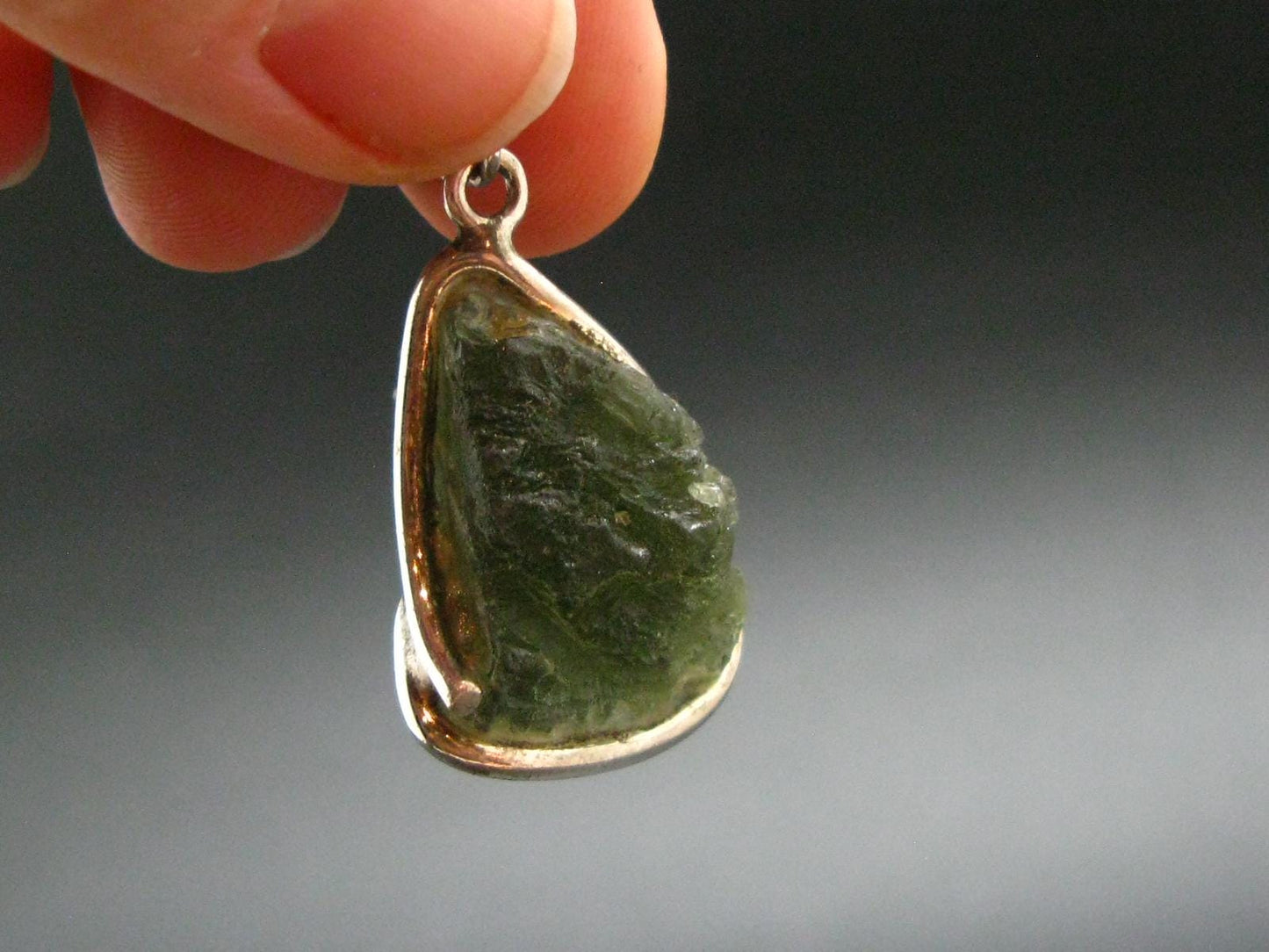 Moldavite Tektite Silver Clover Pendant from Czech Republic - 1.5" - 6.52 Grams