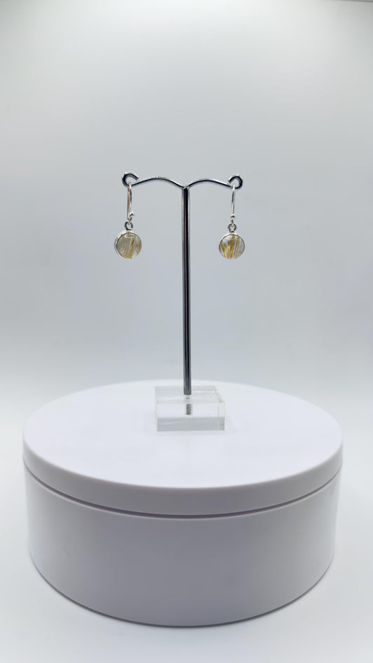 Golden Rutile Quartz Earrings – Round Rutile Crystal Sterling Silver Drops
