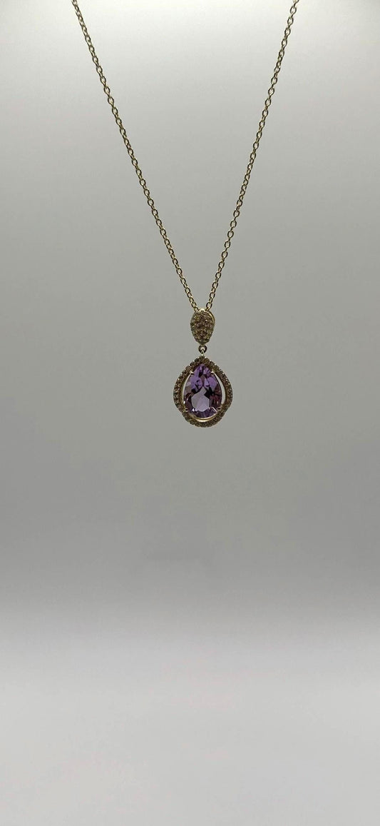 Natural Amethyst Pendant Necklace – 14k Gold Plated Sterling Silver Chain – Crystal Jewelry - 7.26 Grams