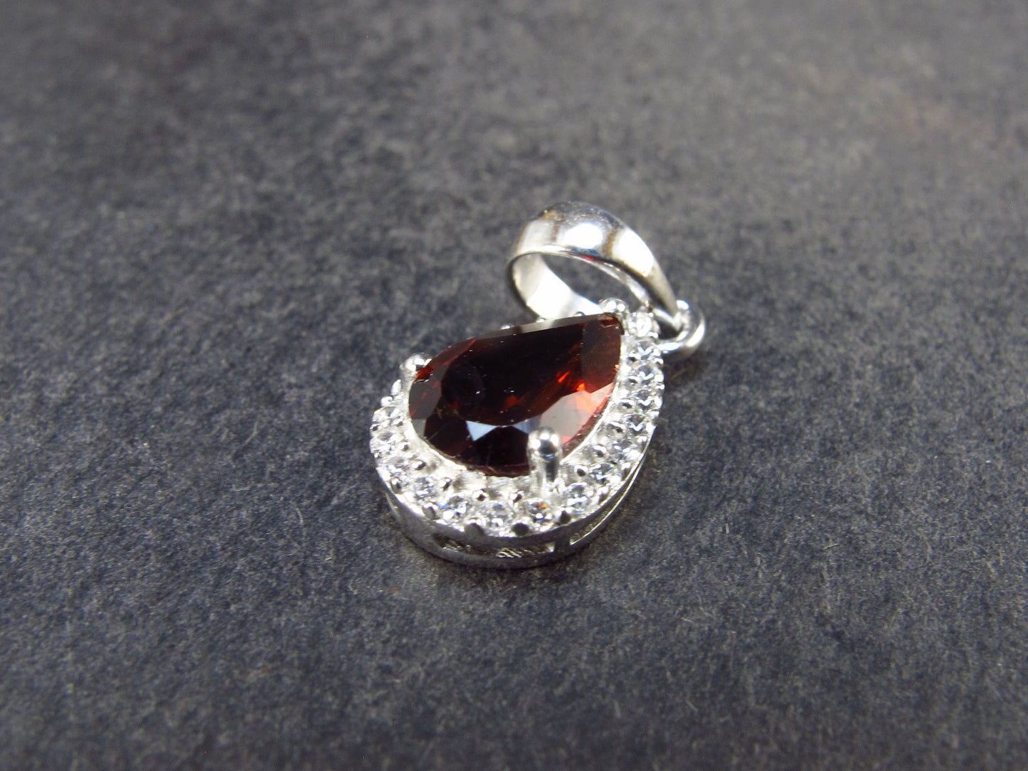 Genuine Red Garnet Almandine Gem with CZ Sterling Silver Pendant From India - 0.8" - 1.35 Grams