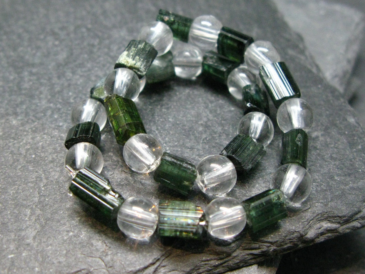 Green Tourmaline & Quartz Genuine Bracelet ~ 7 Inches ~ 6mm Crystal Beads
