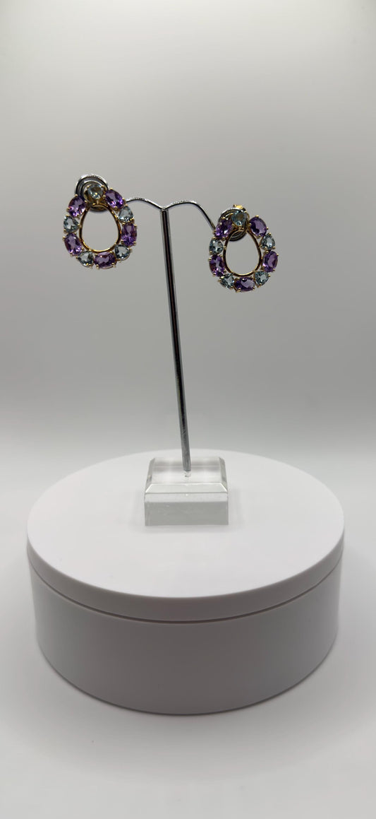 Gold Plated Amethyst Hoop Earrings – Bold Purple & Topaz Gemstone Circle Dangles - Weight 9.13 Grams