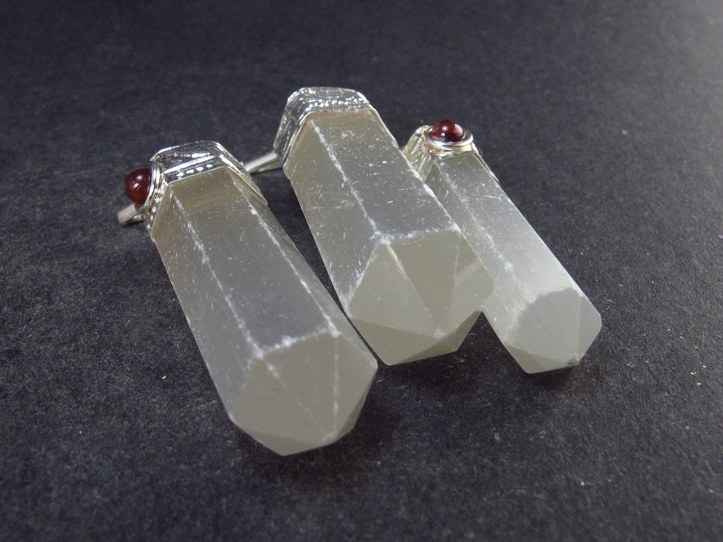 Set of 3 Selenite and Garnet Pendants From Morocco