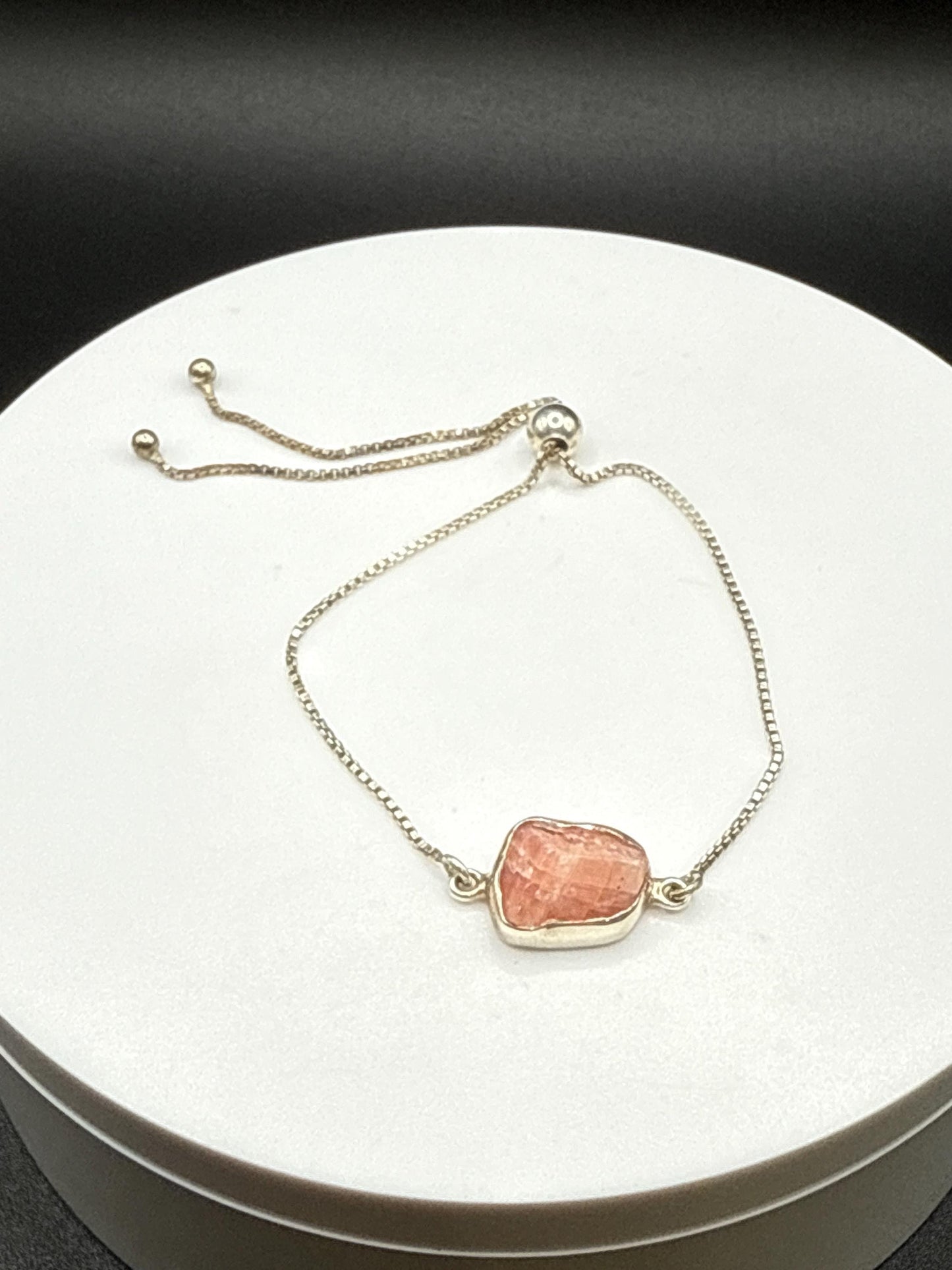 Natural Rhodochrosite Sterling Silver Chain Bracelet | Pink Crystal Adjustable Bracelet