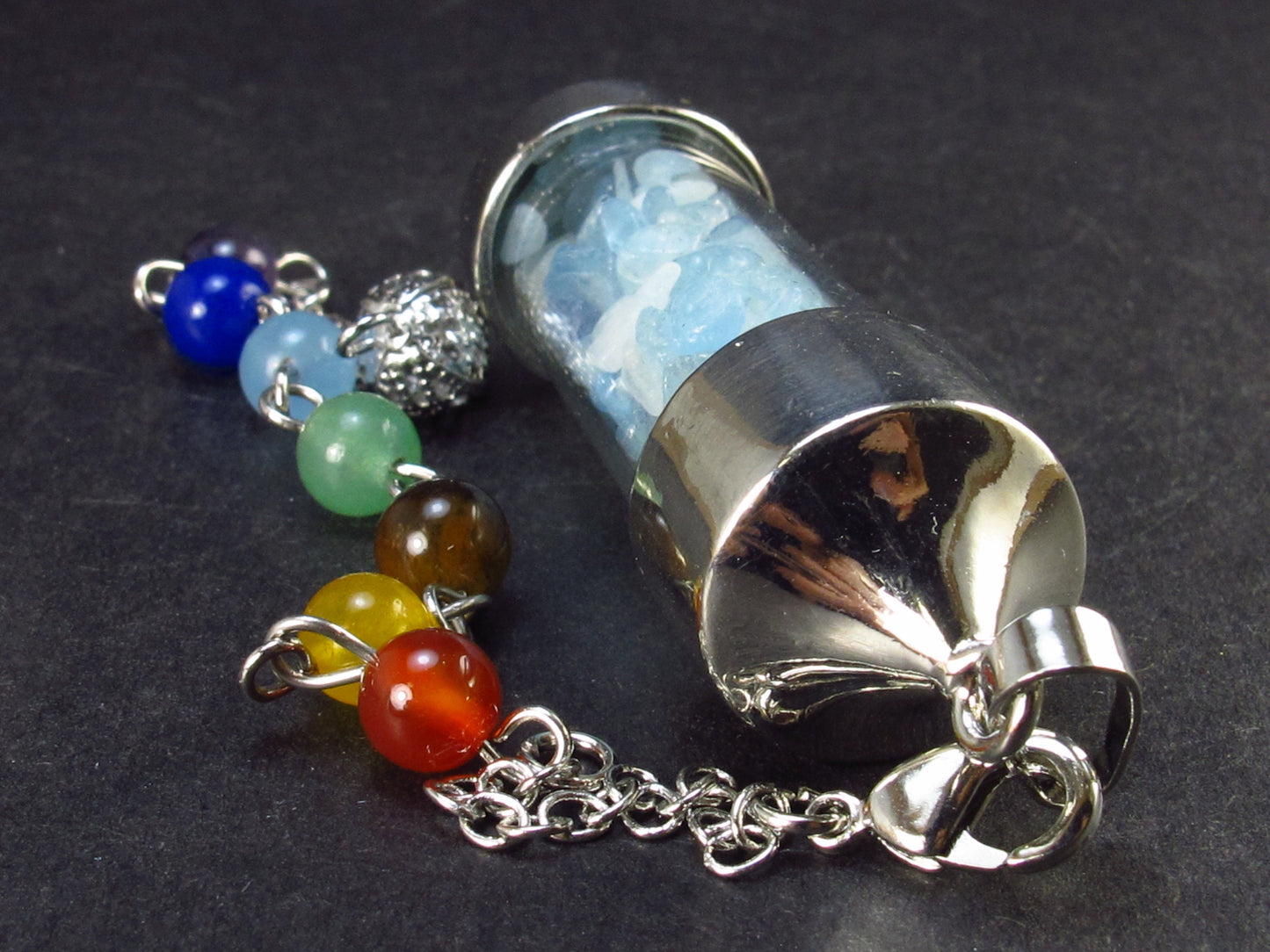 Glass Tube with Aquamarine Pendulum and 7 Chakra Beads Chain - 10.6"