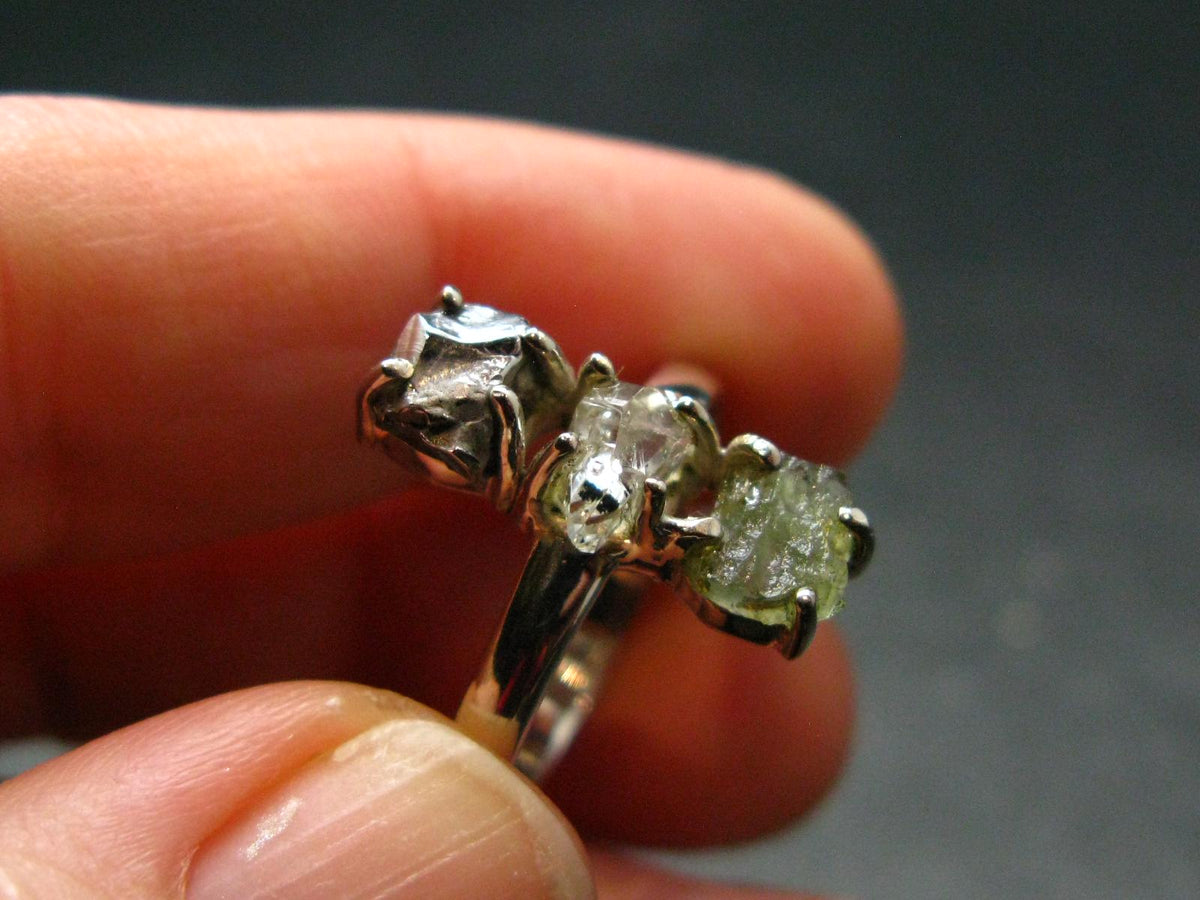 Moldavite Herkimer Meteorite Sterling Silver Ring From Czech Republic - Size 8 - 3.11 Grams