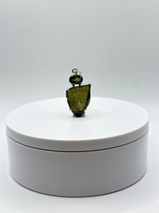 Moldavite Chunk Pendant with Oval-Cut Gemstone - Sterling Silver Natural Design Pendant - 6.95 Grams