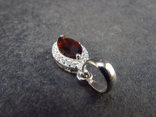 Genuine Red Garnet Almandine Gem with CZ Sterling Silver Pendant From India - 0.8" - 1.28 Grams