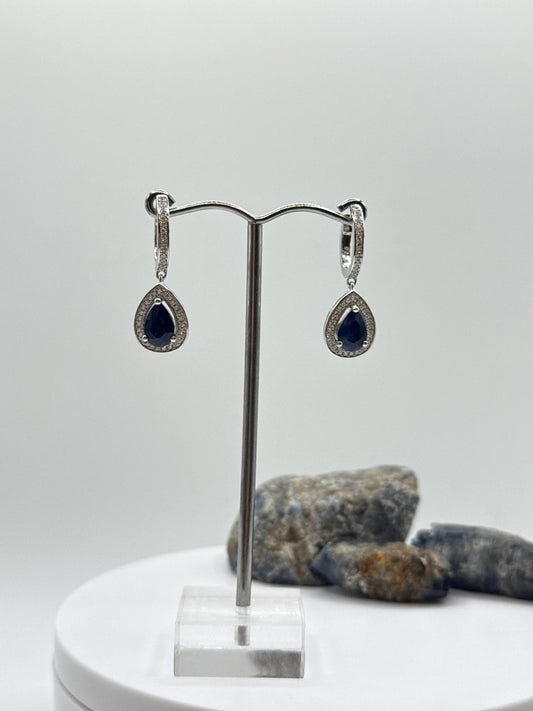 Pear Sapphire Dangle Earrings | Blue Sapphire Halo Earrings | Sterling Silver Drop Earrings | September Birthstone - Weight 5.42 g