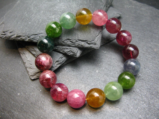 AAA Grade Gem Watermelon Bicolor Tourmaline Genuine Bracelet ~ 7.5 Inches ~ 13mm Round Beads