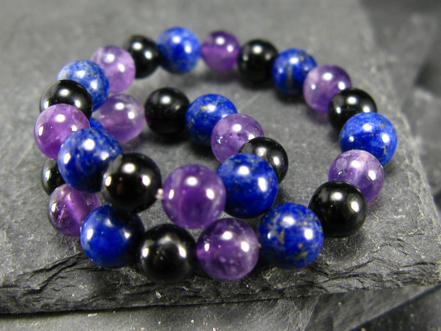 Lapis Lazuli, Black Onyx & Amethyst Genuine Bracelet ~ 7 Inches ~ 6mm Round Beads