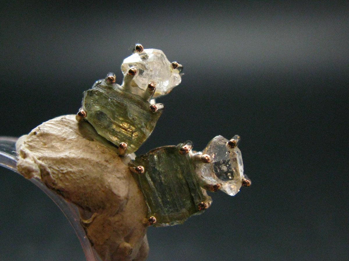 Moldavite & Herkimer Diamond Silver Stud Earrings - 0.6" - 2.53 Grams