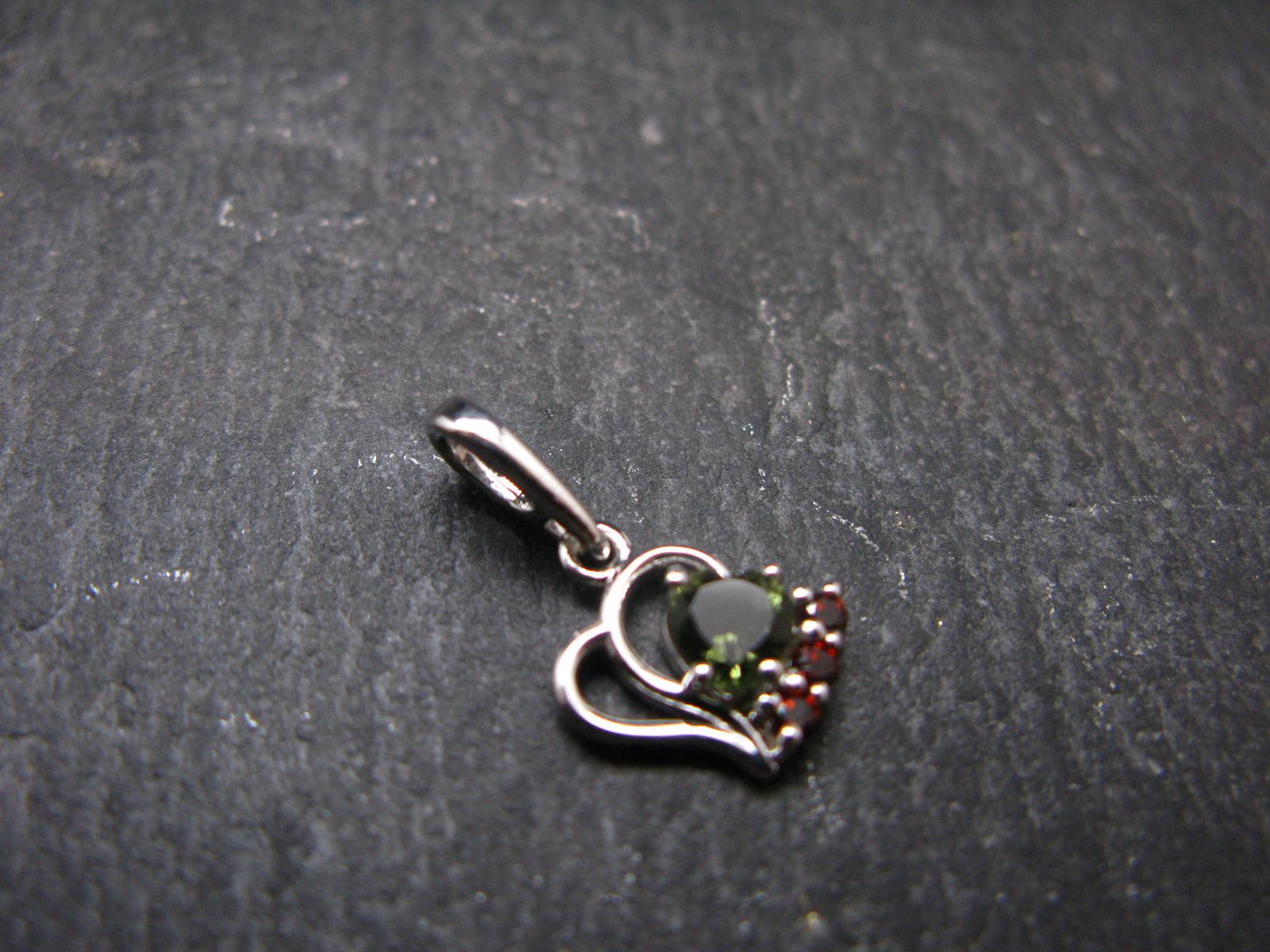 Moldavite Tektite & Red Garnet Silver Pendant from Czech Republic - 0.7"