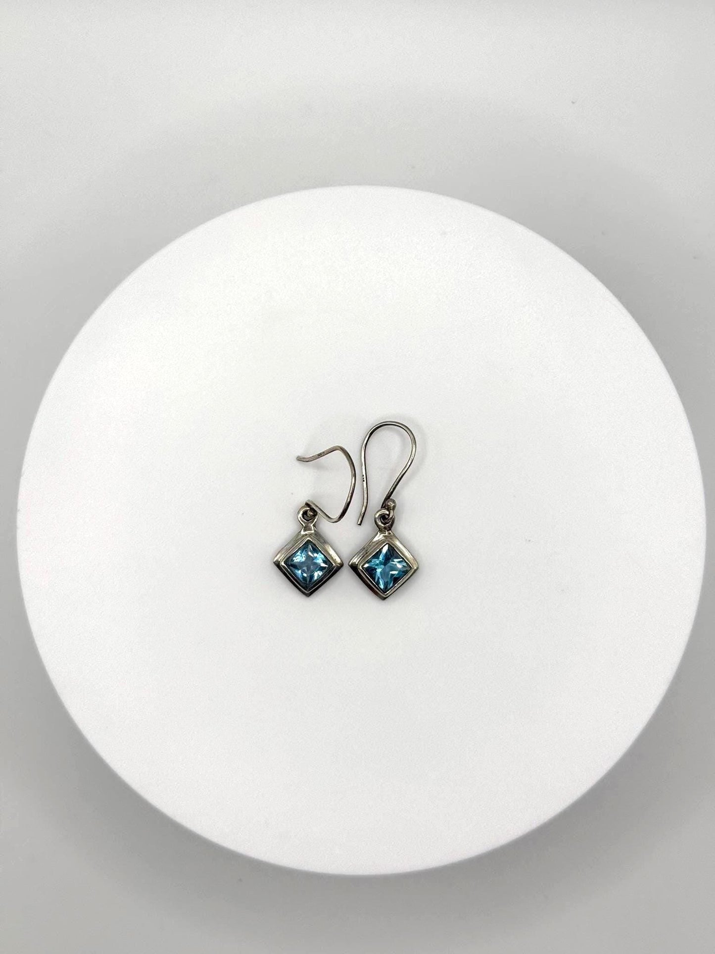 Swiss Blue Topaz Drop Earrings in Geometric Silver Frame - Weight 3.61 Grams