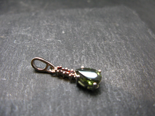 Moldavite Tektite & Red Garnet Silver Pendant from Czech Republic - 0.9"